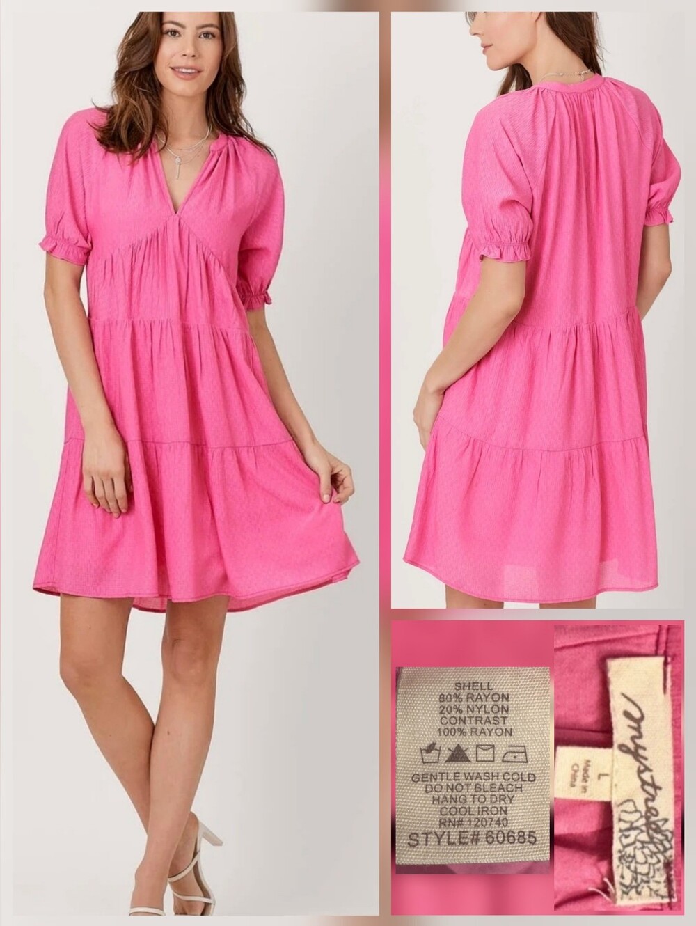 Mystree Hot Pink Tiered Midi Dress with Matching Metallic Pink Thread (Size L)